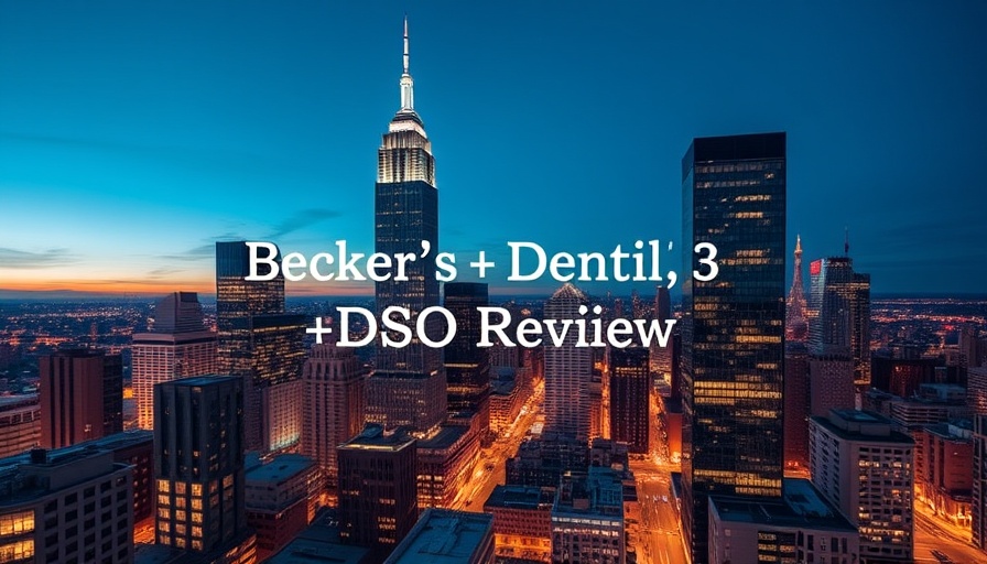 Aerial cityscape with 'Becker's Dental + DSO Review' text overlay for AI innovations in implant dentistry.