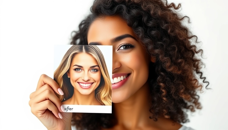 Smiling woman holding a before and after photo, showcasing transformation for getting dental implants this holiday season.