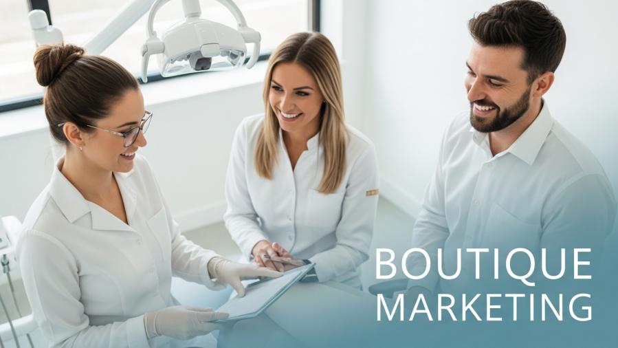 Smiling dental professionals collaborate in a modern office, enhancing personalized dental marketing.