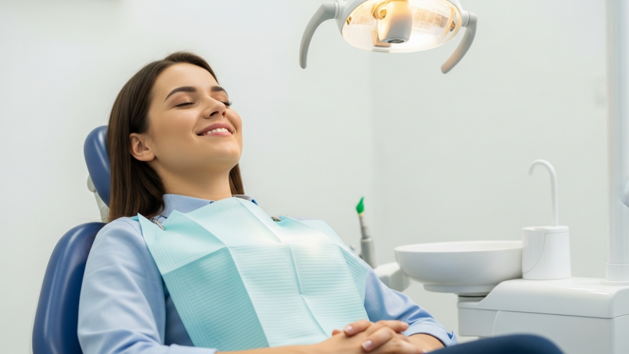 Young adult relaxed in dentist chair, embodying calm after overcoming anxiety at the dentist.