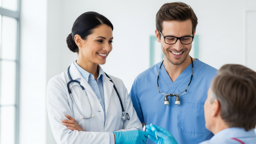 Confident doctor and dentist illustrate health care integration for better patient health outcomes.