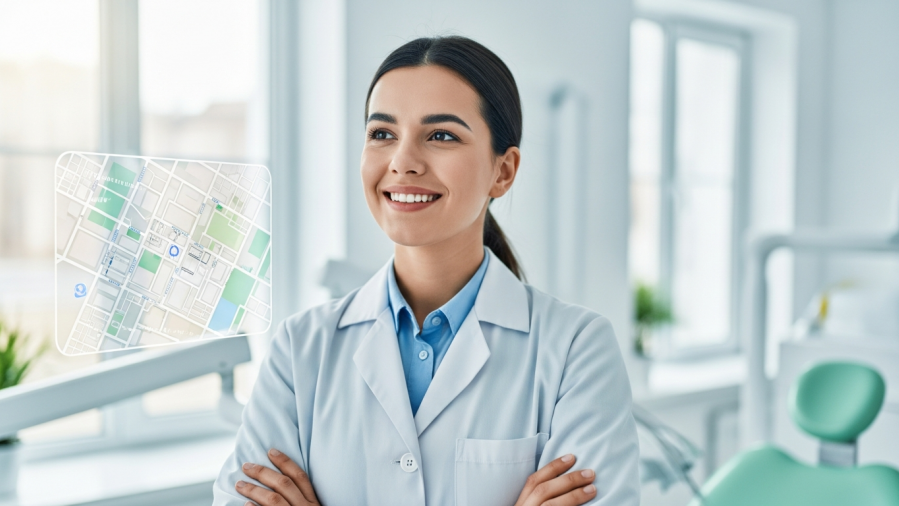 Smiling dentist in bright clinic, showcasing local SEO for dentistry strategies.