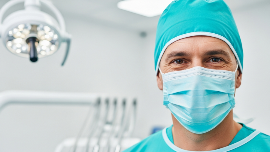 Confident oral surgeon in a modern clinic, showcasing dental care technology.