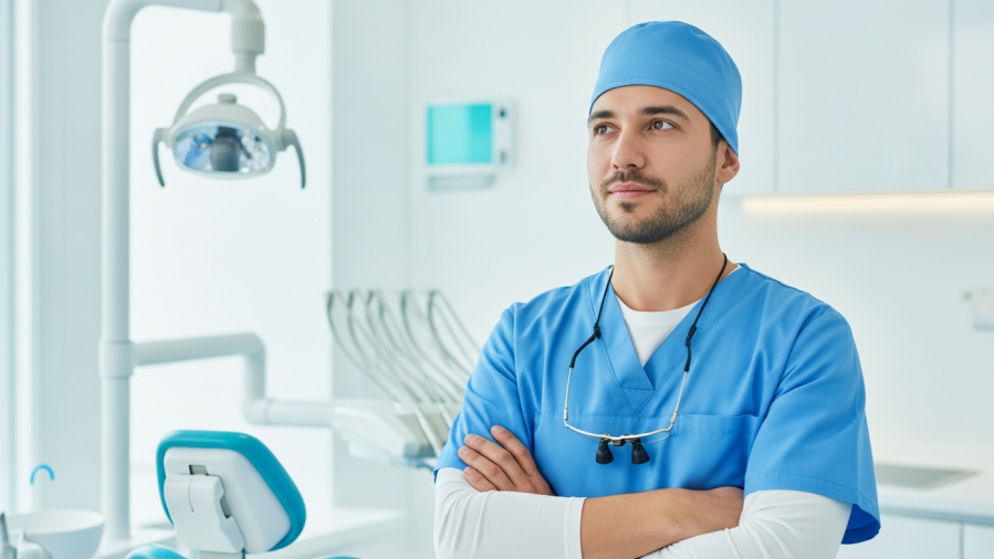 Confident young dentist managing cash flow in dentistry, thoughtful in modern clinic.