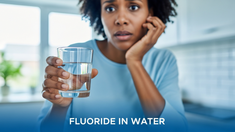 Concerned parent considering water fluoridation policy with a glass of water.