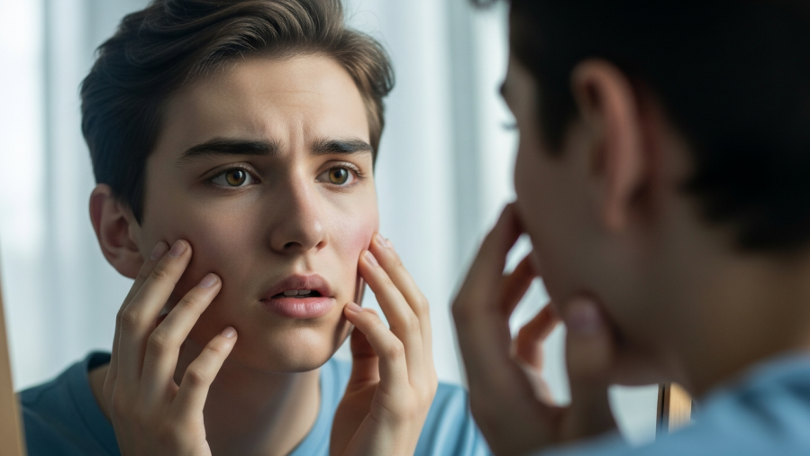 Young adult with mild facial swelling, reflecting dental infection symptoms in soft morning light.