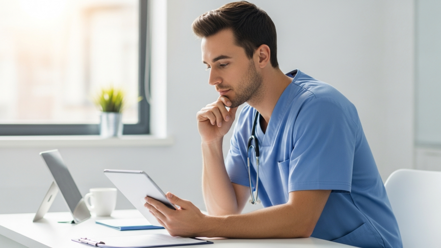 Confident young dentist reviewing digital charts for dental practice success.