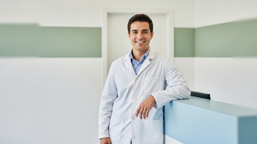 Confident dentist smiling in white coat, showcasing authentic dental advertising.