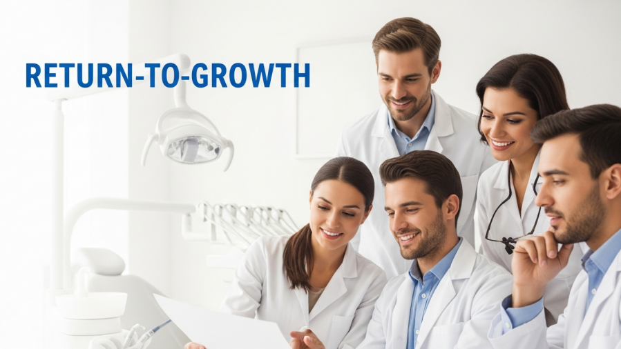Group of dentists reviewing a dental technology strategy with a focus on customer satisfaction.