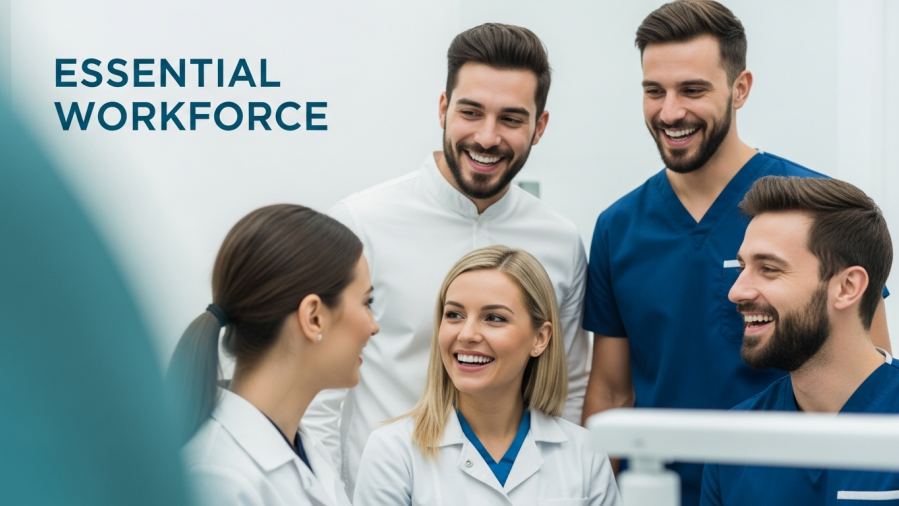 Confident dental team interacting, showcasing dental staffing challenges in a modern clinic.