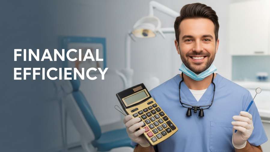 Confident dentist smiling with tools, showcasing financial efficiency in dental practice.