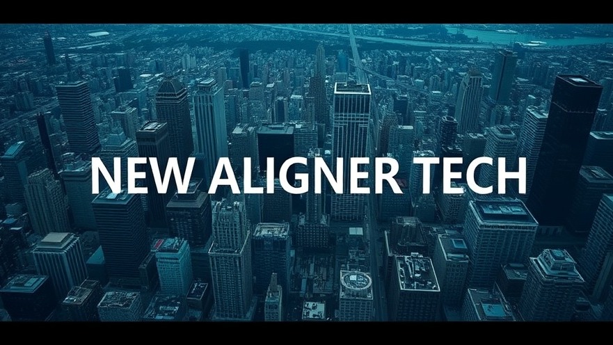 Aerial view of a cityscape showcasing 'NEW ALIGNER TECH' over skyscrapers.