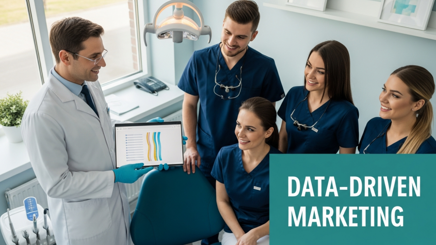 Confident dentist shares data-driven marketing insights for personalized patient engagement.