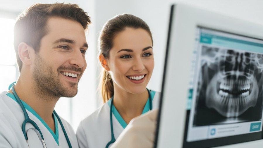 Dental professionals excitedly review digital x-ray, showcasing AI in dentistry.