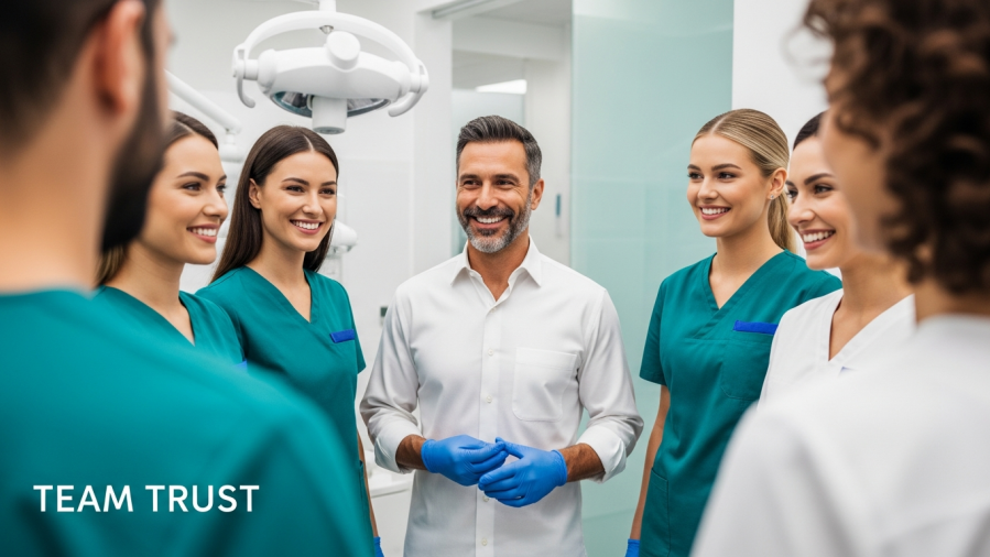 Confident dental leader builds trust with team in modern clinic, fostering effective communication.