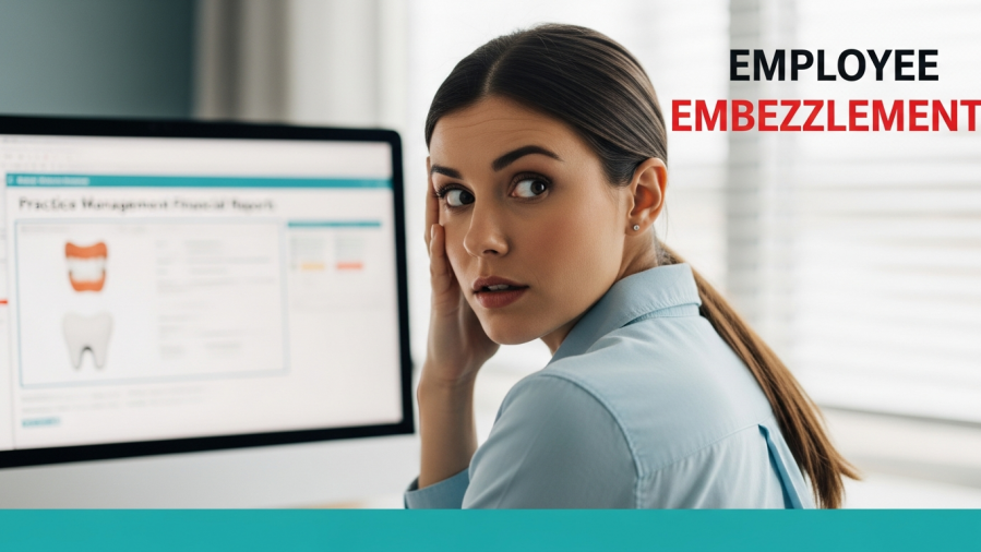 Dental employee misconduct: stressed office manager reviewing financial reports.