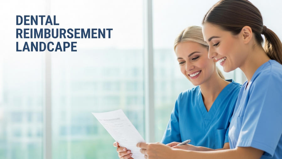 Smiling dental staff reviewing reimbursement forms, showcasing dental practice growth.