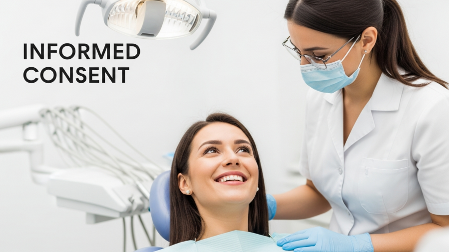 Confident dentist reassures patient during informed consent in a calm clinic setting.