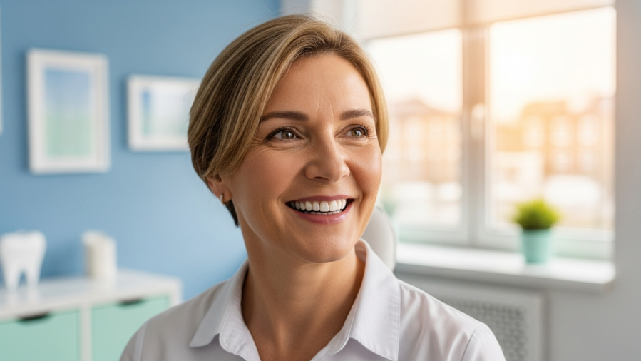 Confident middle-aged patient smiling after dental implant treatment, showcasing empathy in dentistry.