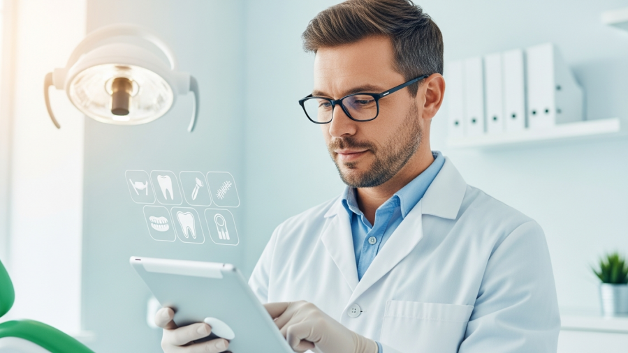 Confident dentist reviewing dental icons on tablet, enhancing insurance partnerships.