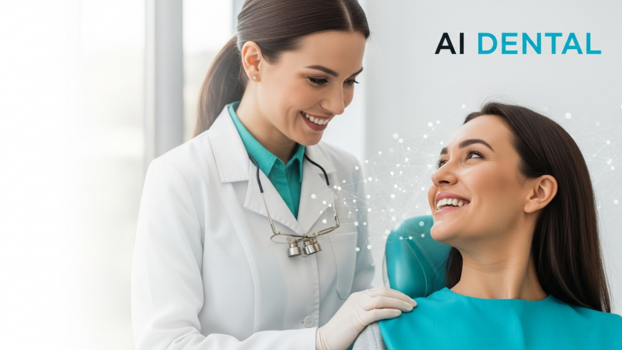 Confident dentist interacting with smiling patient, showcasing AI dental marketing strategies.
