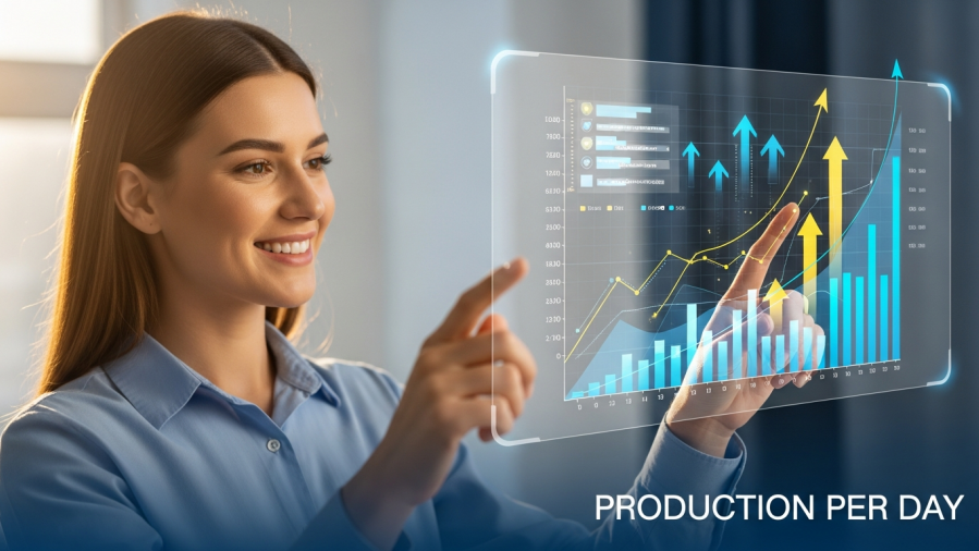 Smiling dentist explores a digital dashboard for dental practice efficiency.