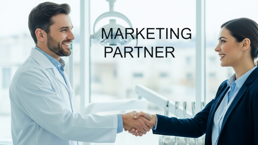 Smiling dentist and marketing expert shaking hands, representing Dental Marketing Strategies.
