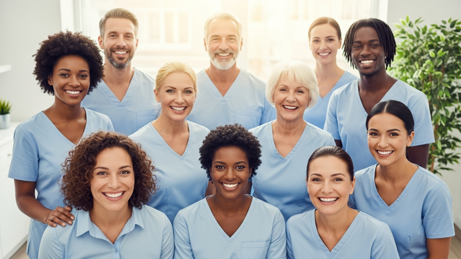 Smiling diverse group in a bright dental office, promoting inclusive dentistry.