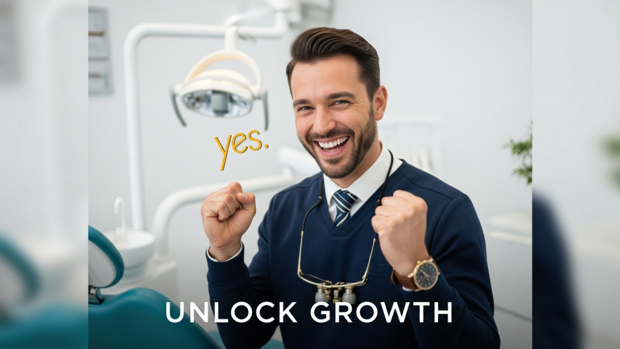 Smiling dentist celebrating success, symbolizing dental practice growth and patient education.