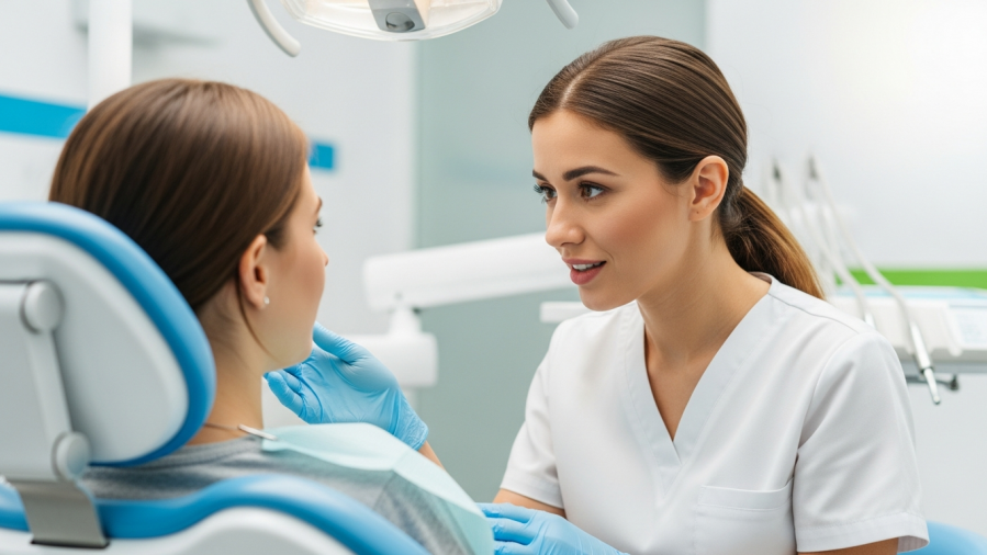 Concerned dental assistant reassuring a patient, highlighting recruitment challenges in dental field.