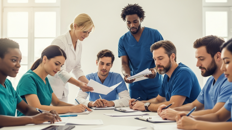 Diverse dental professionals in team alignment, fostering smart decision-making.