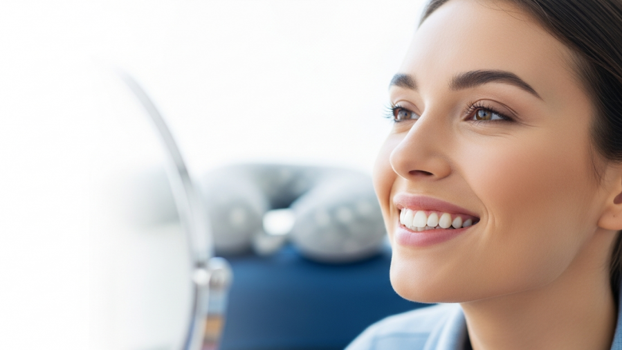 Confident young woman admiring her smile makeover in bright studio lighting.