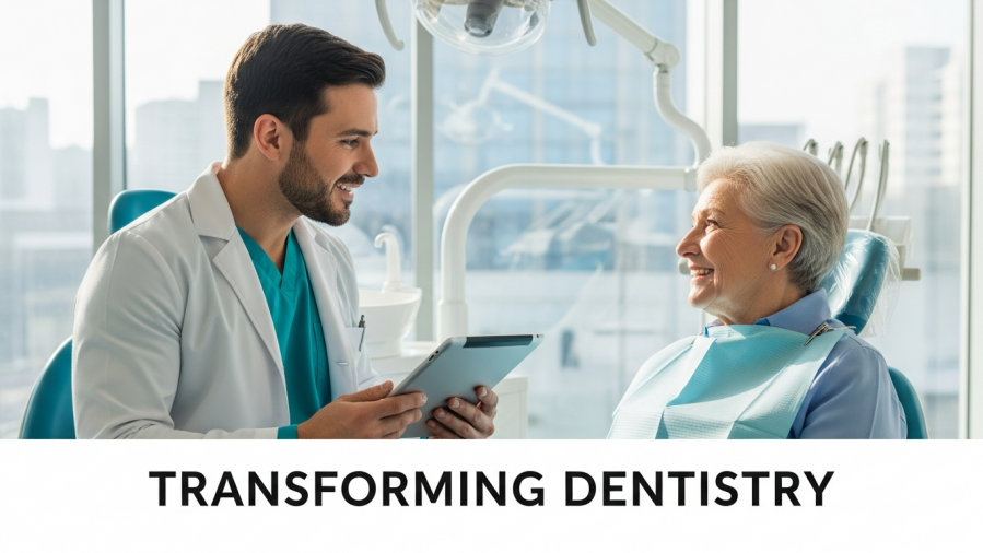 Confident dentist using intraoral scanning with patient in modern clinic.