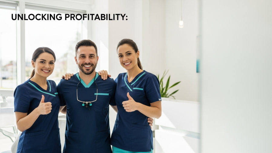 Dental team members smiling in a modern clinic, showcasing teamwork for managing overhead costs.