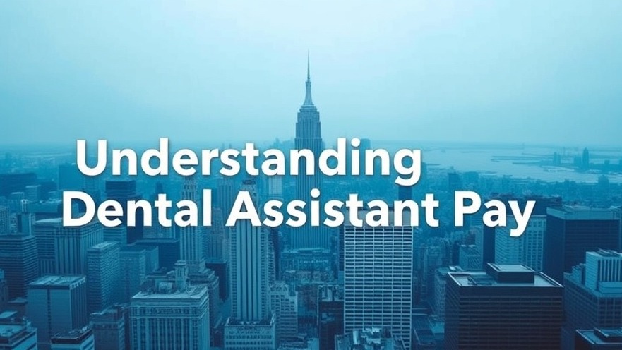 Monochromatic cityscape depicting 'Understanding Dental Assistant Pay' and average hourly wage insights.