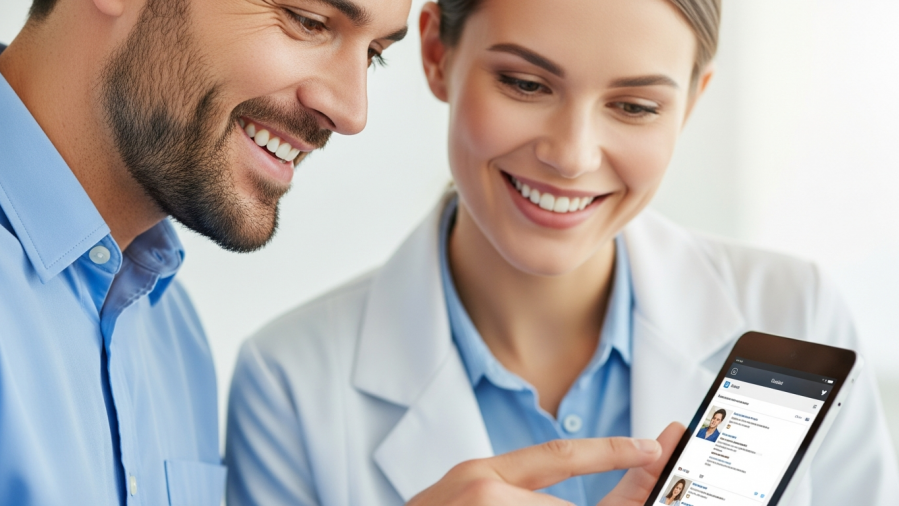 Dental professionals joyfully engaging patients online through social media marketing.
