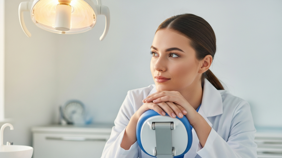 Confident young dental student in white coat, envisioning the future of dental workforce.