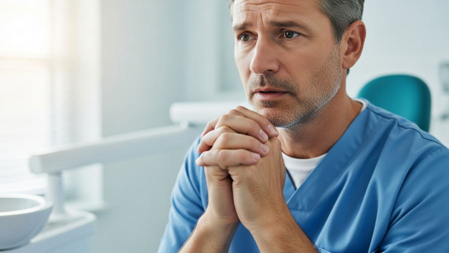 Concerned dentist in modern practice facing economic pressures in dentistry.