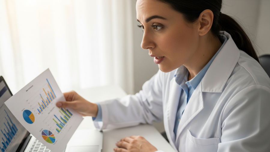 Dentist reviewing financial charts for effective dental practice budgeting.