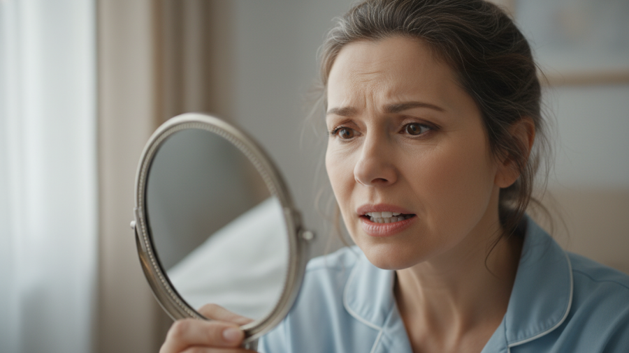 Middle-aged woman concerned about dental implants, reflecting on her new smile.