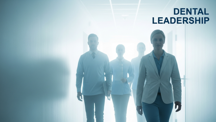 Confident dental leader guiding diverse team, symbolizing patient trust and ethical leadership.