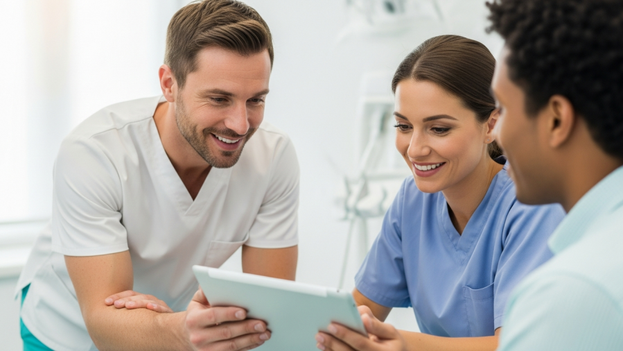 A confident dental professional optimizes workflow and efficiency with a digital tablet.