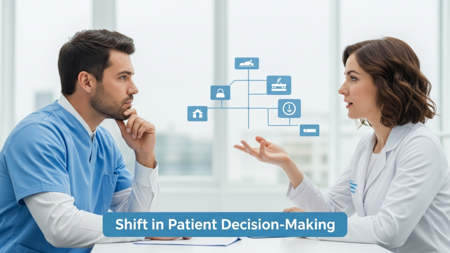 Thoughtful dentist and patient discussing dental care costs with soft lighting.