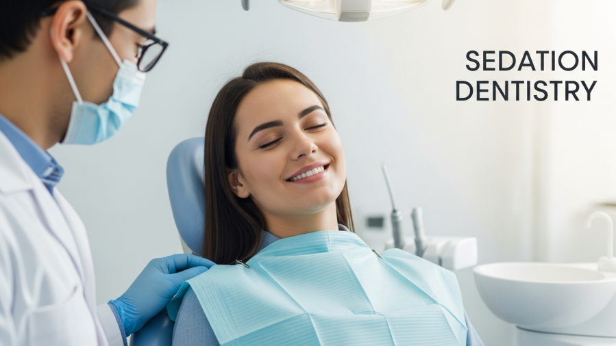 A calm young adult smiles in a dental chair, showcasing dental anxiety relief with gentle sedation.