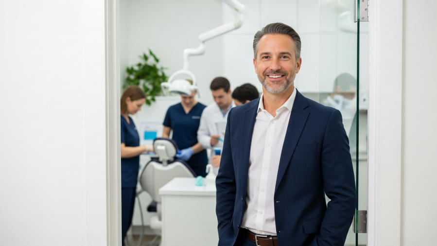 Business-savvy dentist promoting growth through effective task delegation in a modern office.