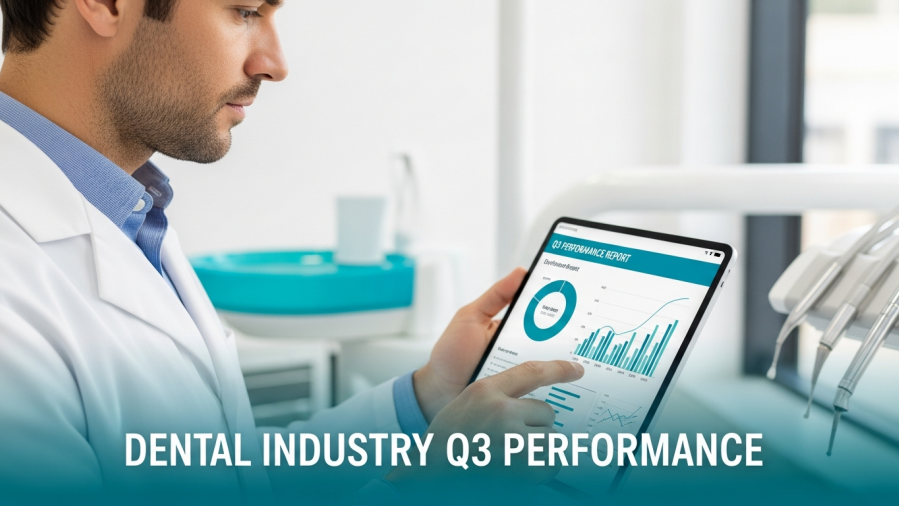 Dentist analyzing Q3 performance reports in a bright clinic, reflecting on dental insurance losses.