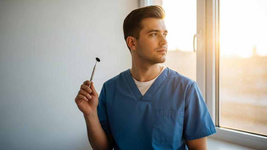 Thoughtful young dentist reflects on work-life balance in sunny clinic.