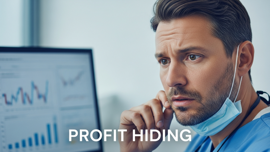 Confused dentist analyzing financial charts, highlighting dental practice profitability.