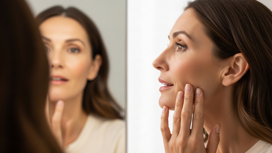 Middle-aged woman reviewing her facial structure, reflecting confidence in cosmetic dentistry post tooth loss.