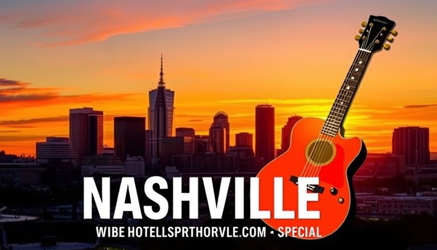Nashville skyline with guitar logo promoting hotel rates at sunset.